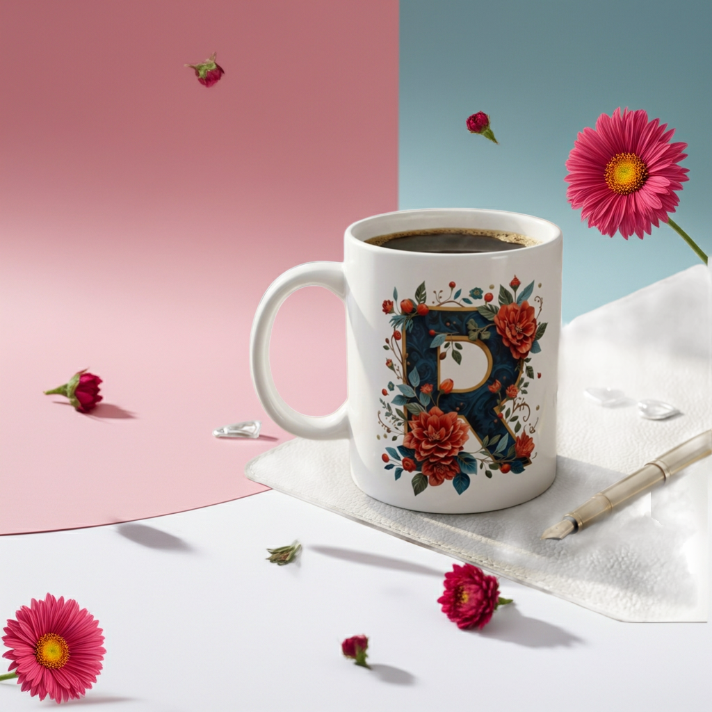 White mug with floral design and letter 'P' on a pink and blue gradient background with flowers.