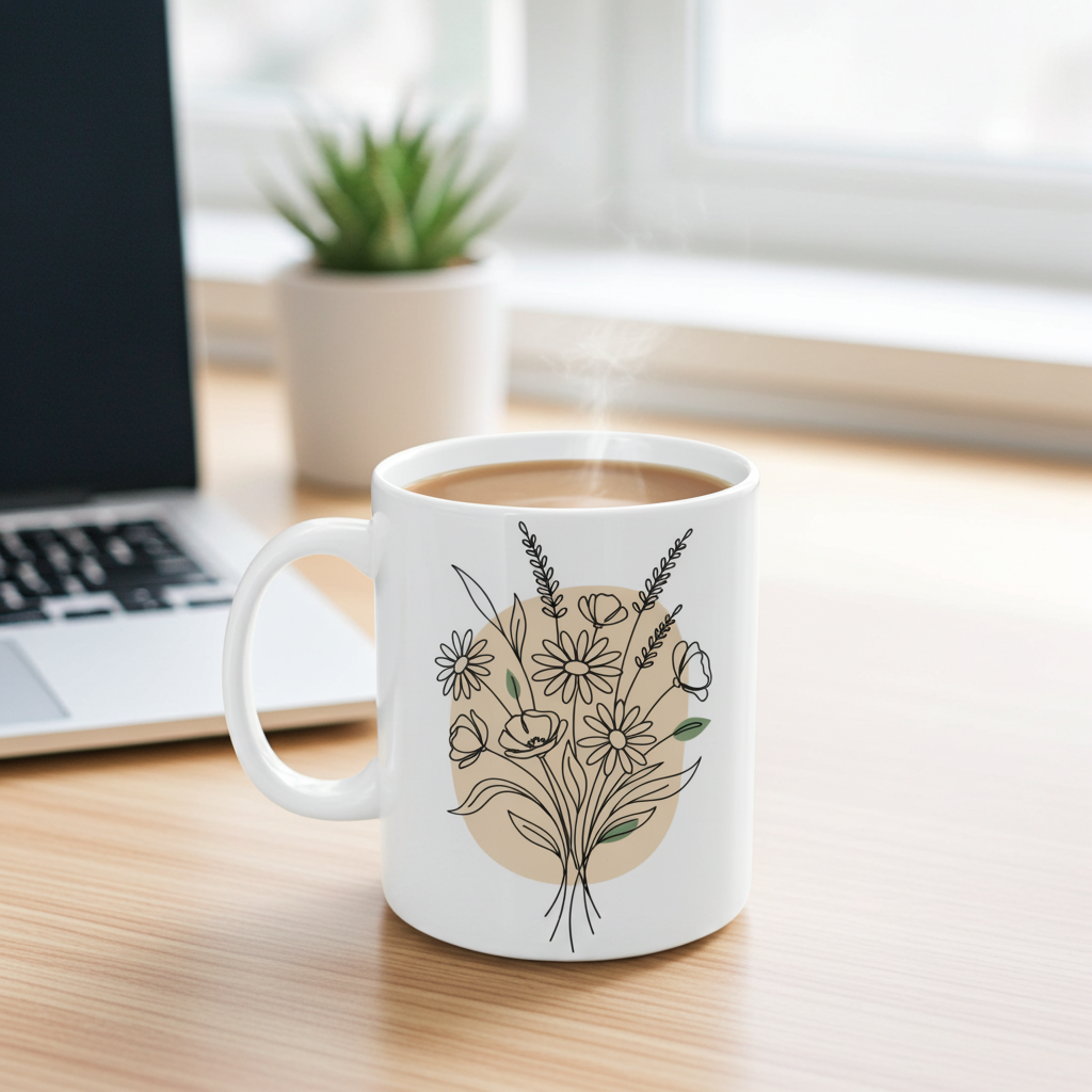 White mug with floral design on a wooden desk next to a laptop