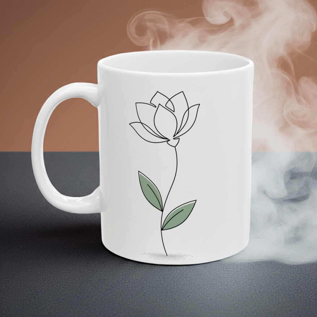 White mug with a lotus flower design on a dark surface with steam in the background