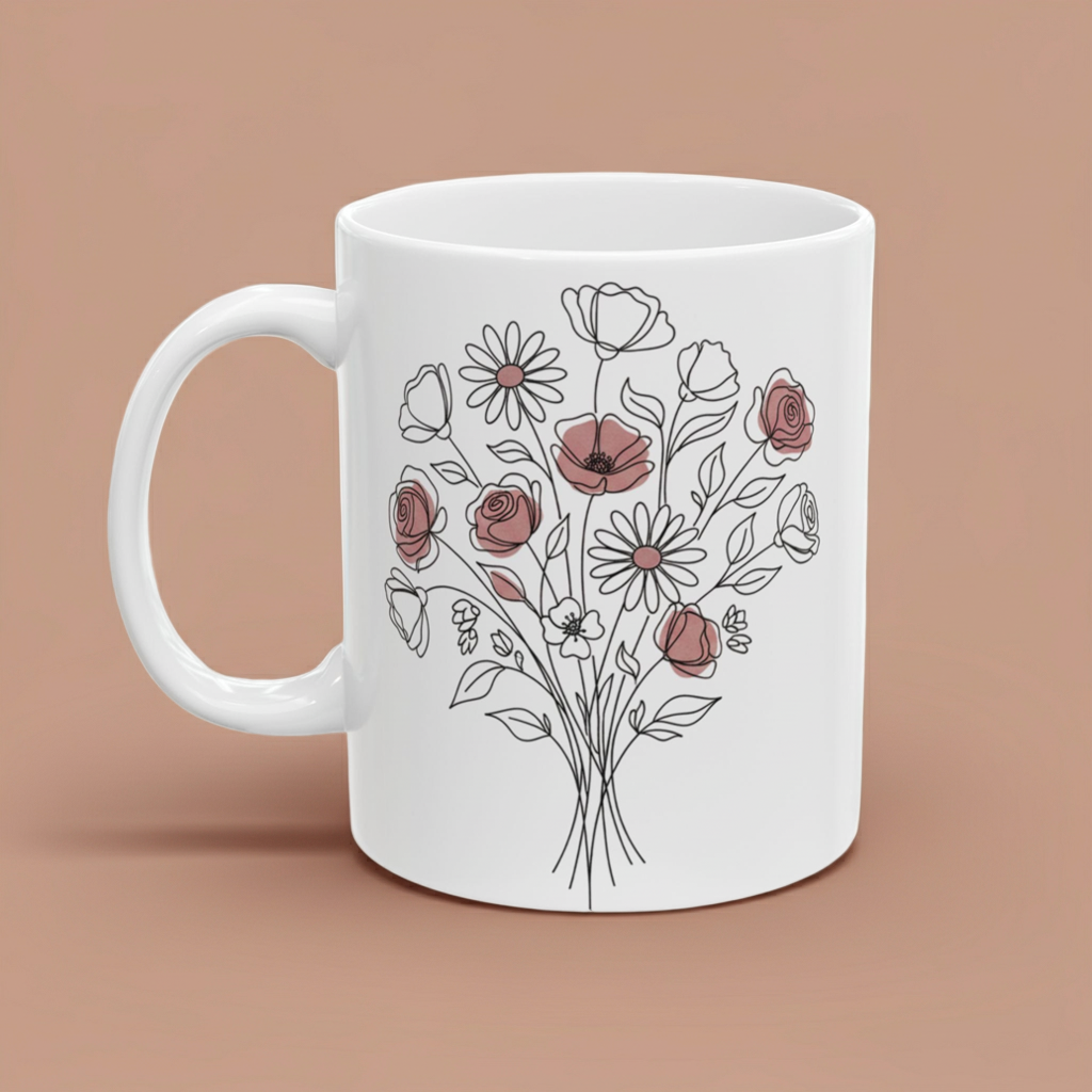 White mug with floral design on a brown background