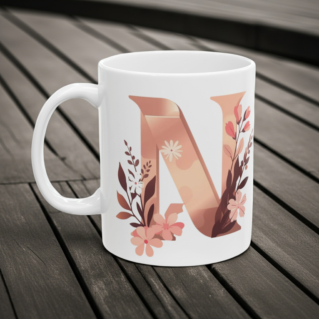 White mug with a floral letter 'N' design on a wooden surface