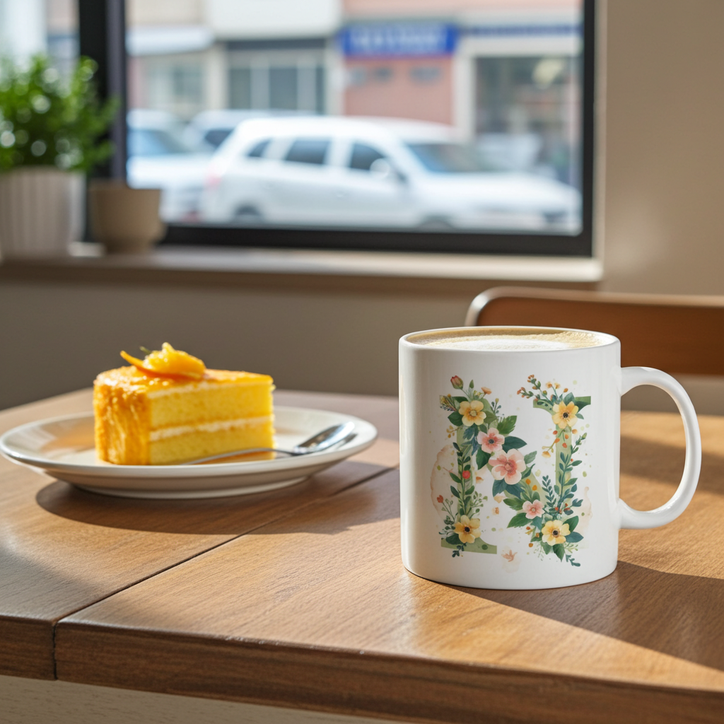 White mug with floral design on a wooden table with a slice of cake and a plant in the background.