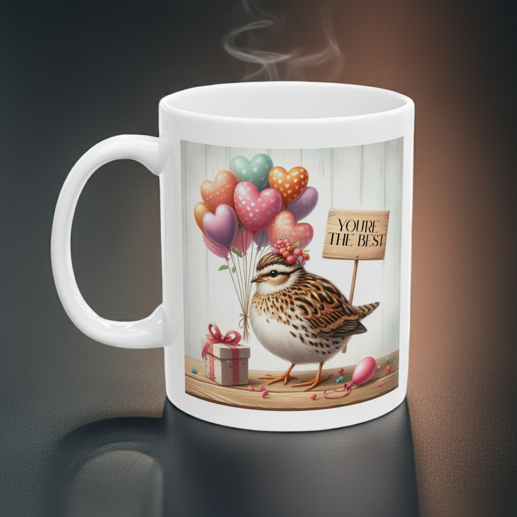 White mug with a decorative design of a bird holding balloons and a sign, on a dark background.