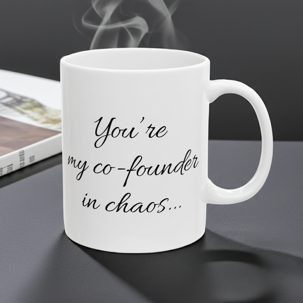 White mug with text 'You're my co-founder in chaos' on a dark surface.