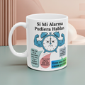 White mug with a colorful design featuring a clock and text on a light background