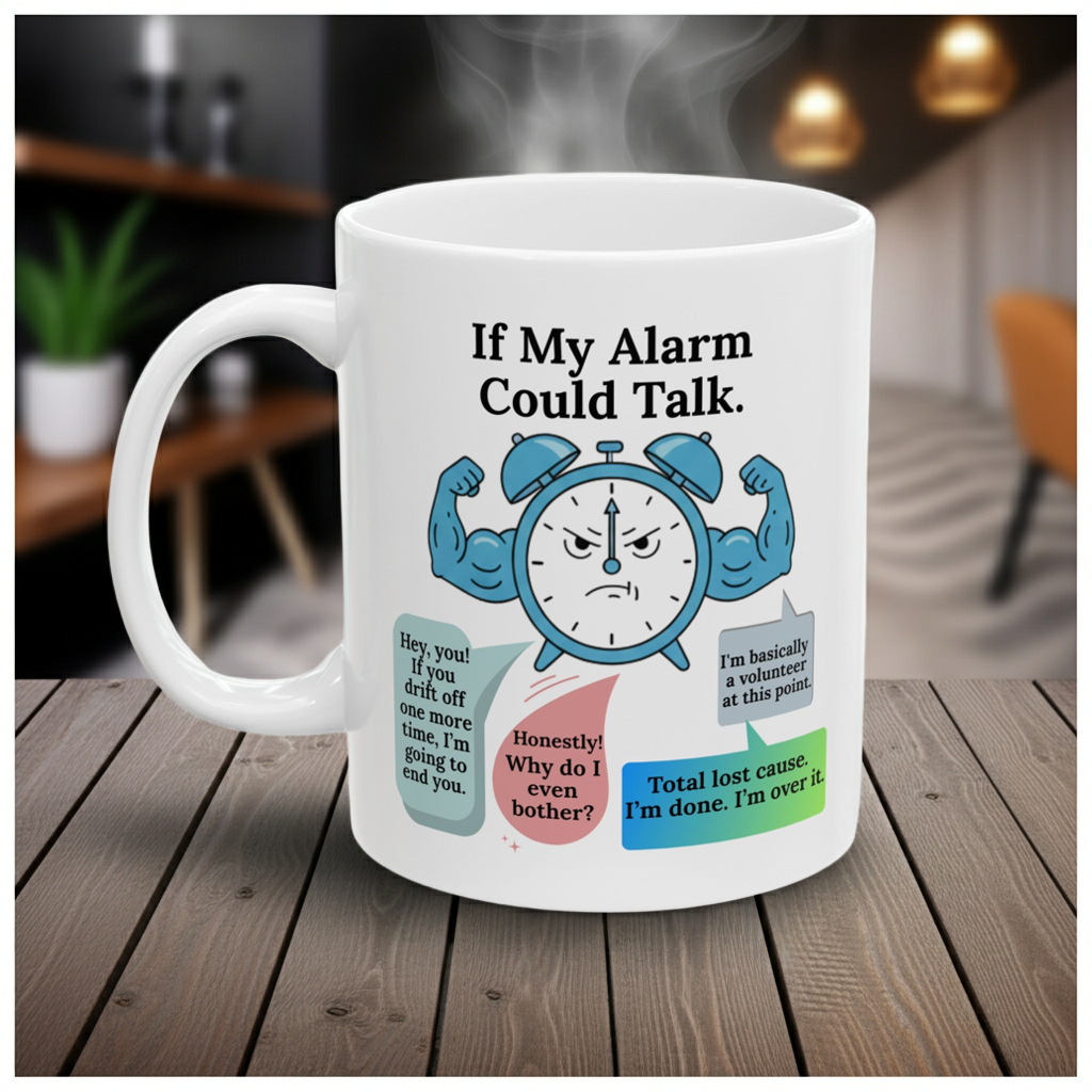 Mug with a cartoon alarm clock design on a wooden surface