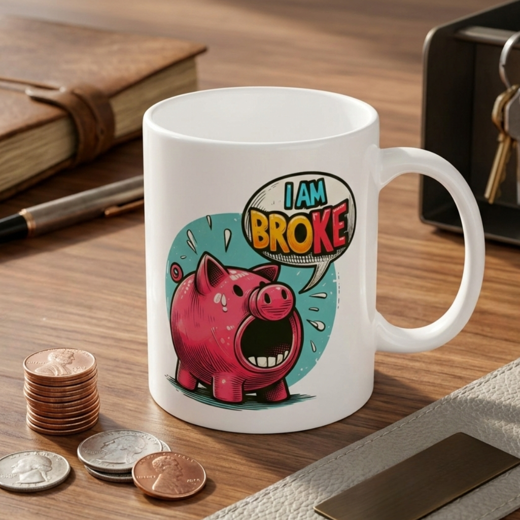 White mug with a cartoon piggy bank and 'I AM BROKE' text on a wooden surface with coins.