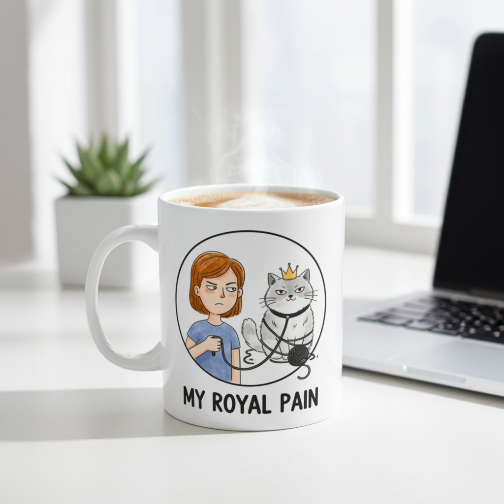 Mug with a design of a person and a cat, labeled 'My Royal Pain', on a desk with a laptop and plant.