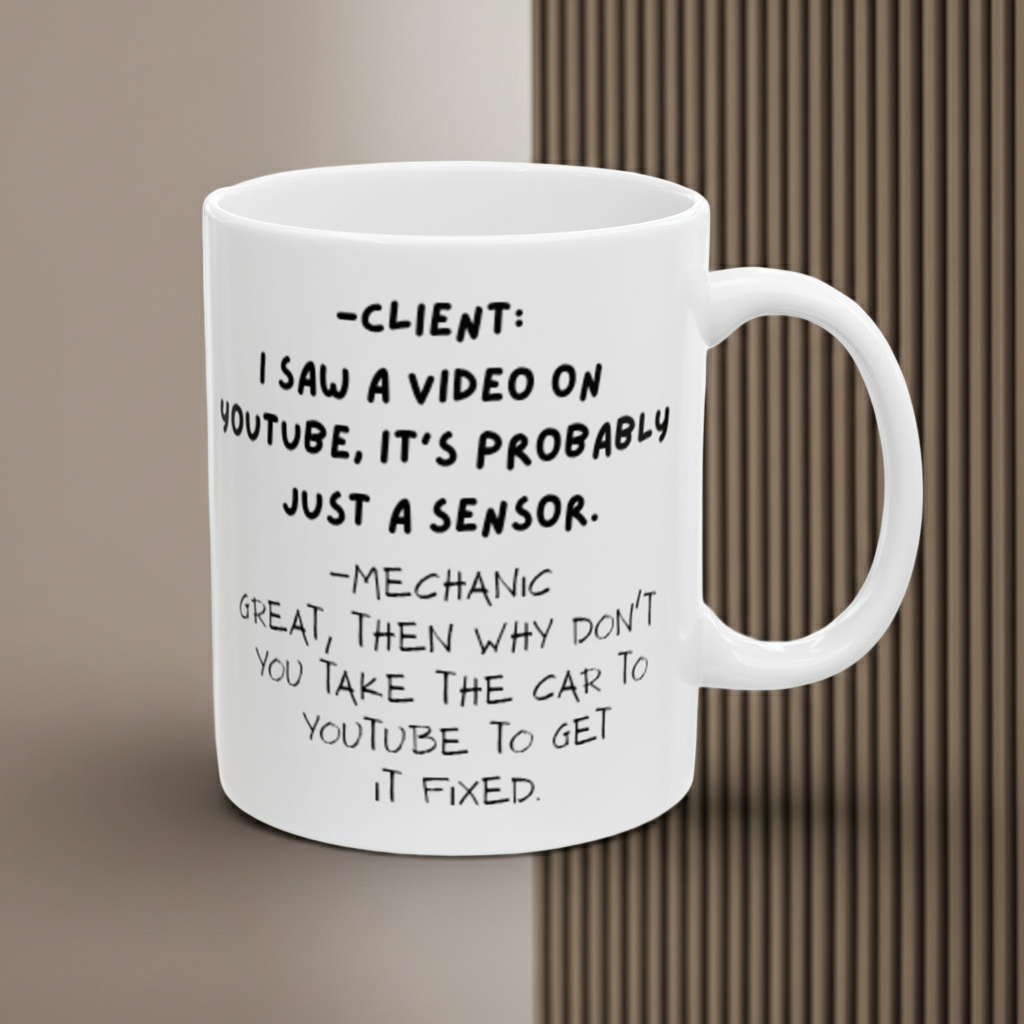 White mug with humorous text on a neutral background