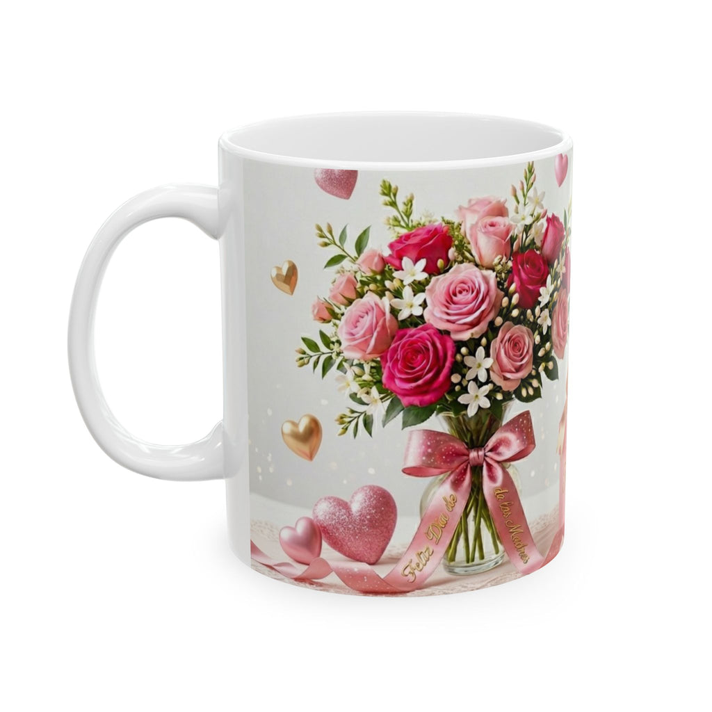 White mug with floral design featuring pink roses and a ribbon on a white background
