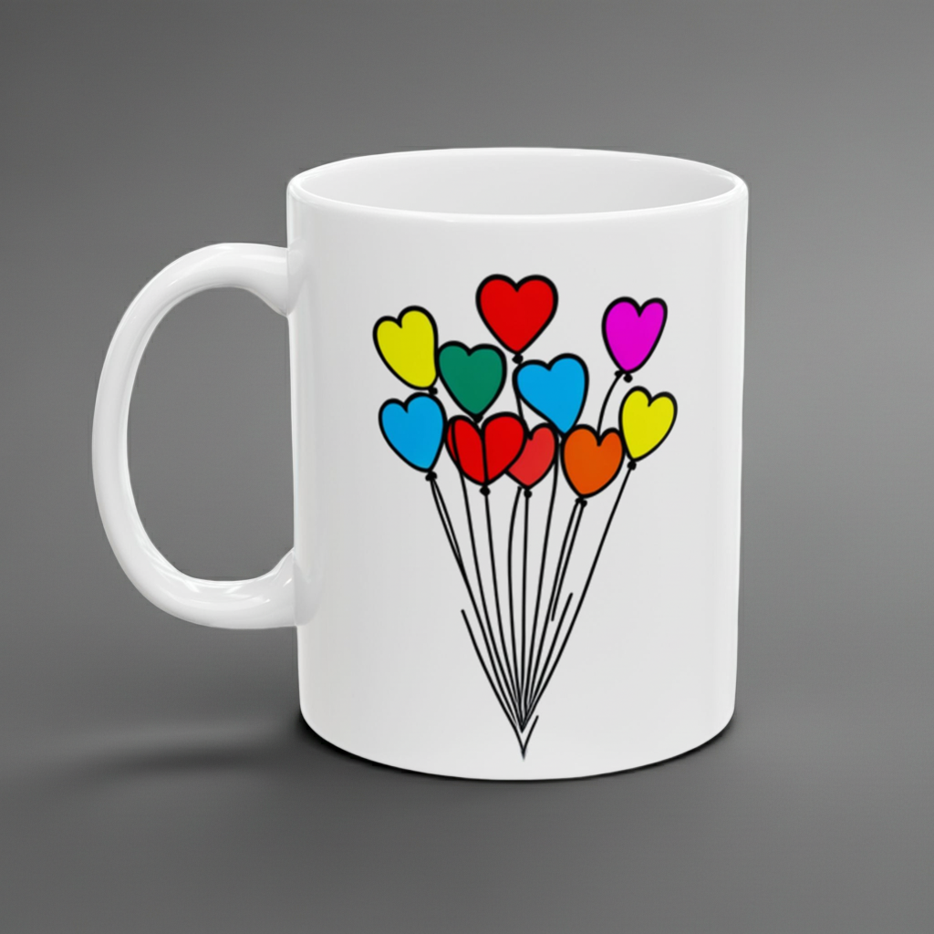 White mug with colorful heart balloons design on a gray background