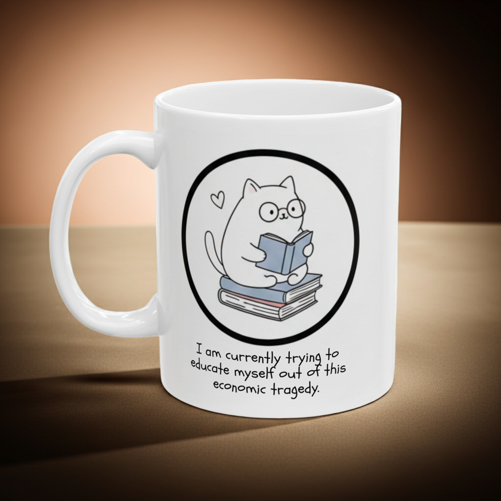 White mug with a cat reading a book illustration and text on a brown background