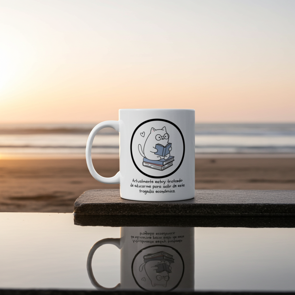 White mug with a cat illustration and text on a wooden surface with a blurred beach background
