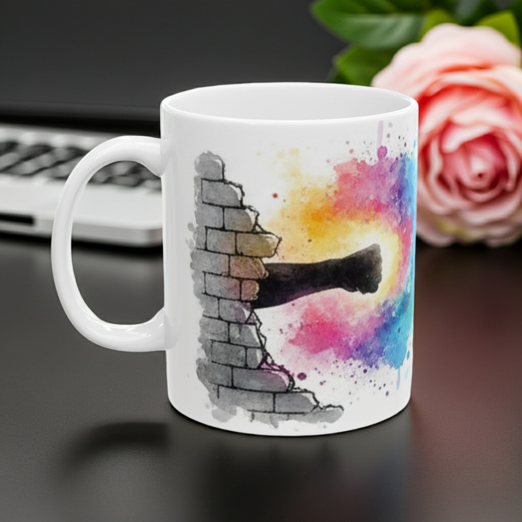 White mug with a colorful design of a sword and wall on a desk with a laptop and flowers.