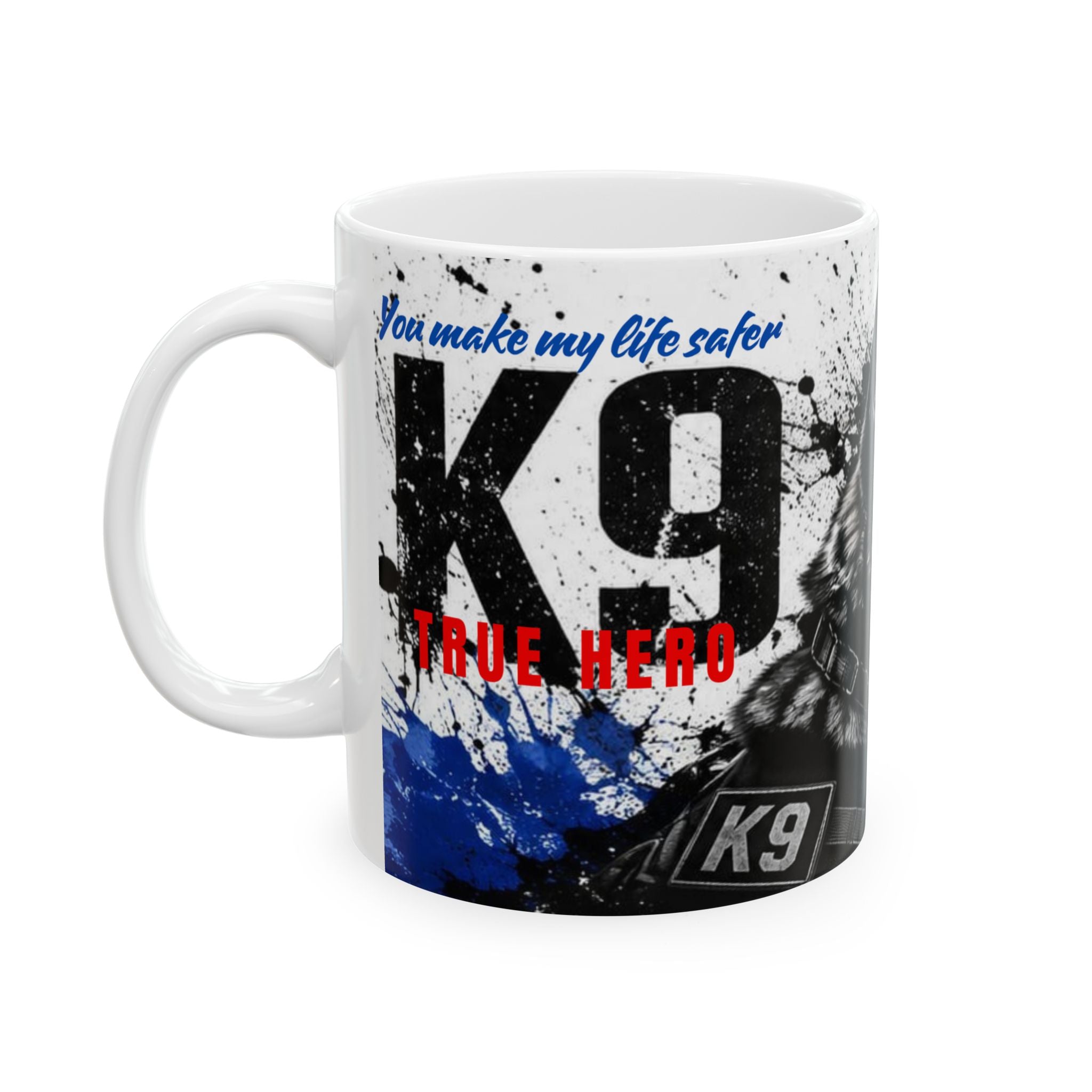 Mug with K9 dog graphic and text on a white background