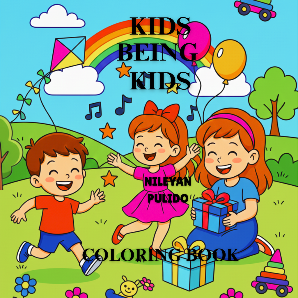 Cover of a coloring book titled 'Kids Being Kids' with children playing outdoors, rainbow, and balloons.