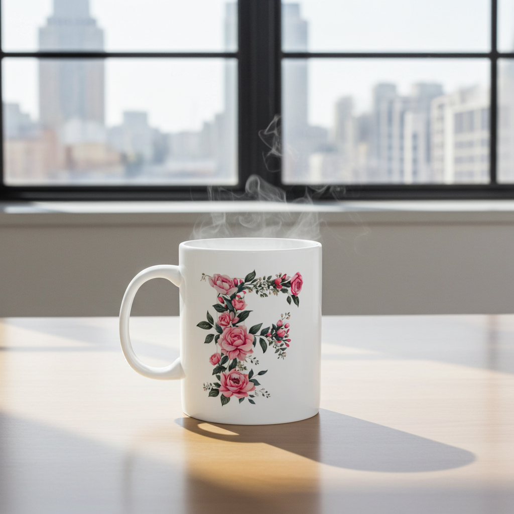 White mug with floral design on a table in front of a window with cityscape view