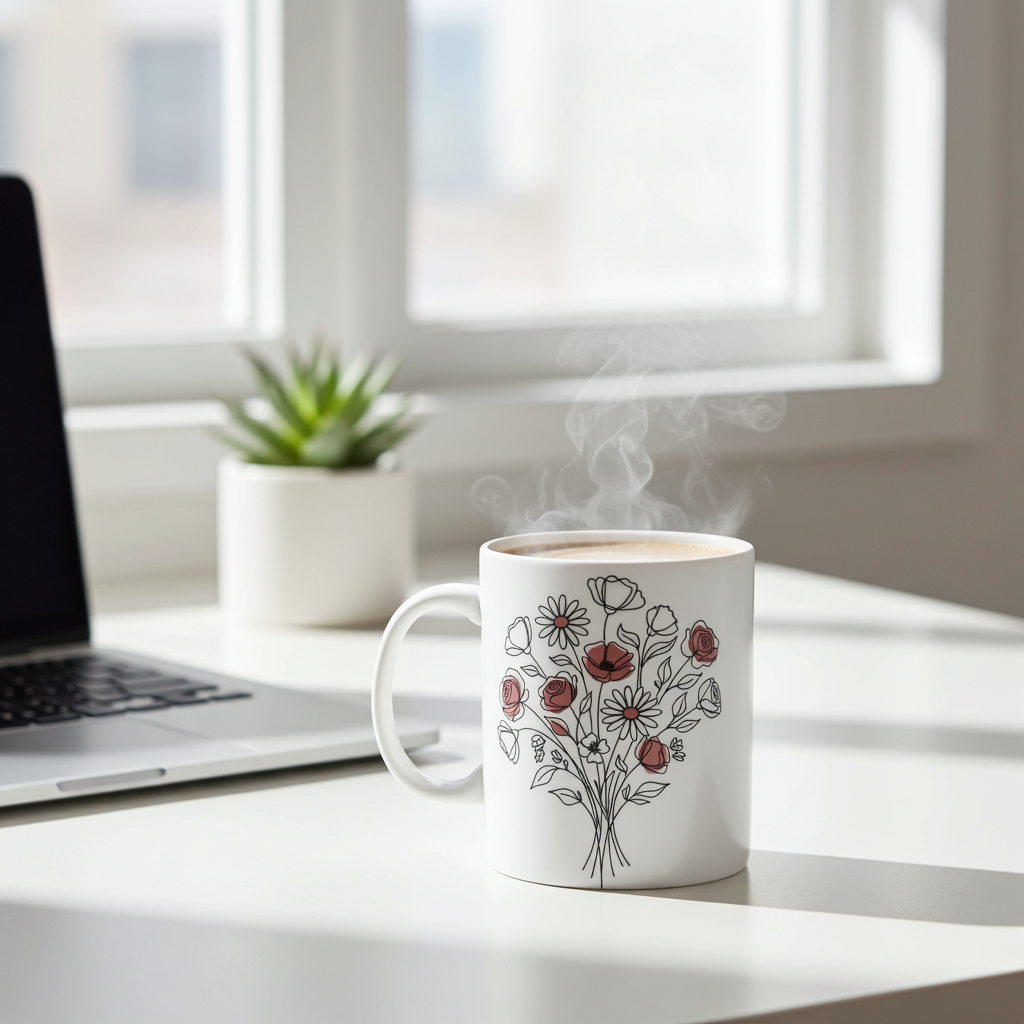 White mug with floral design on a desk with a laptop and plant