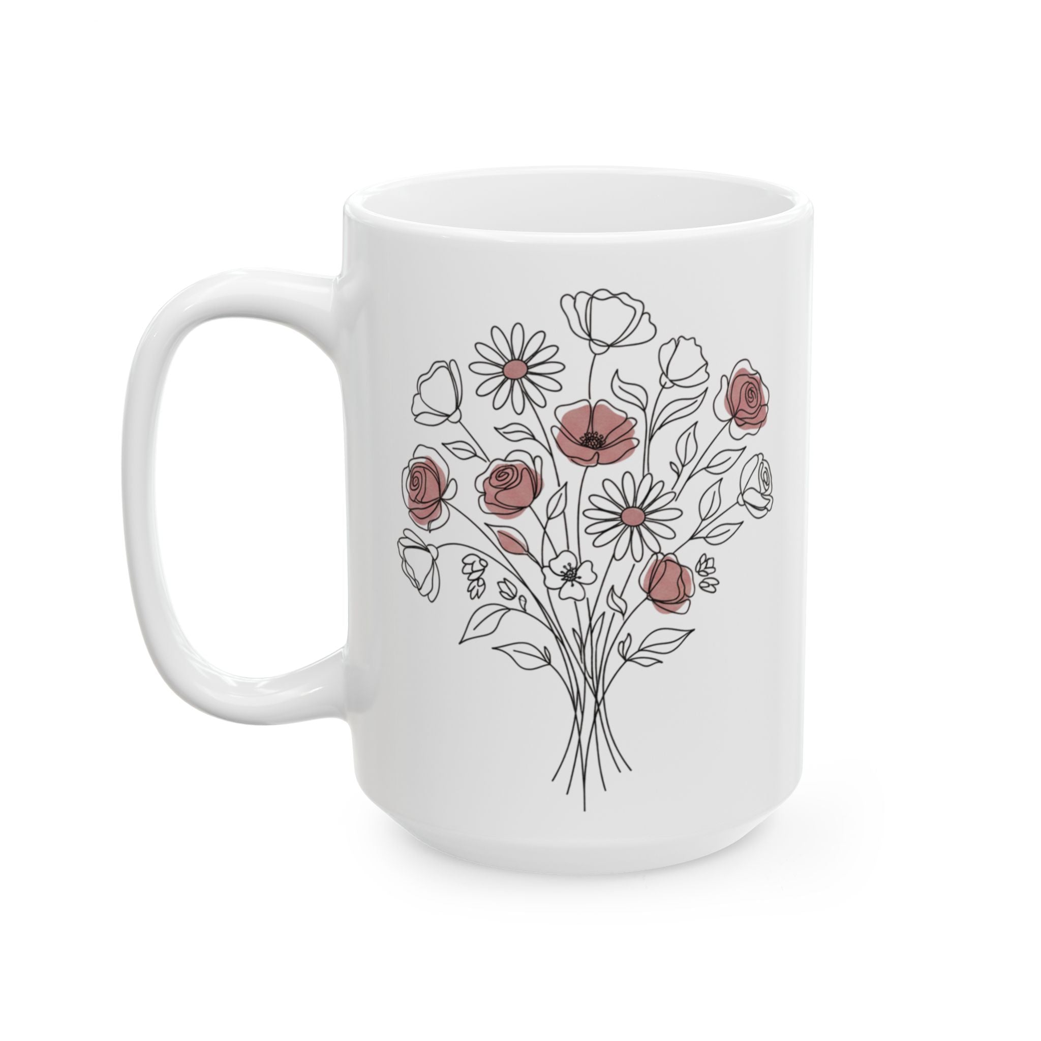 White mug with floral design on a white background