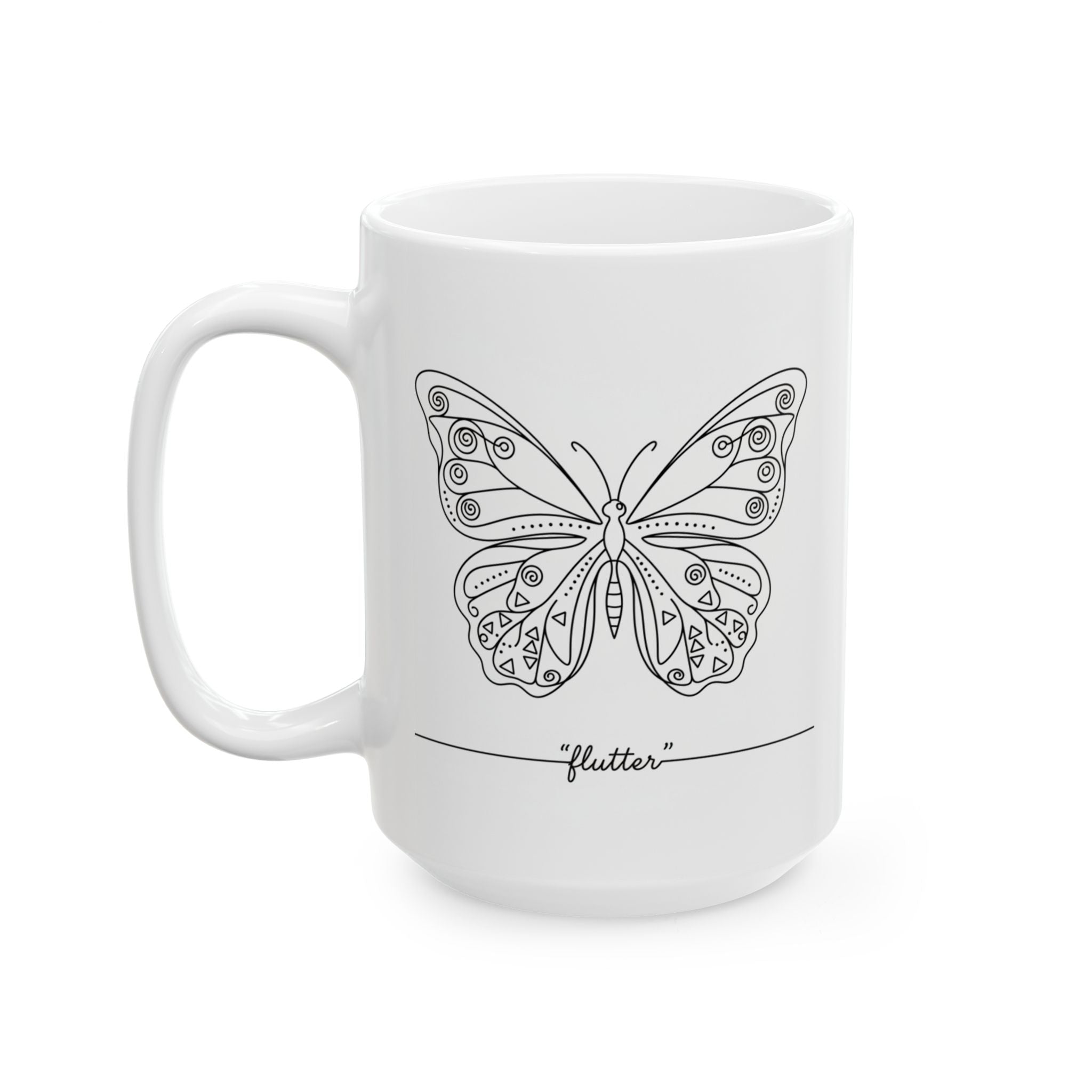 White mug with a black butterfly design and 'flutter' text on a white background