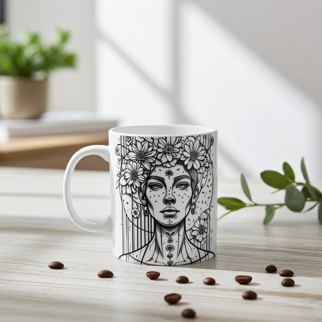 Ceramic Mug with a floral woman in line art