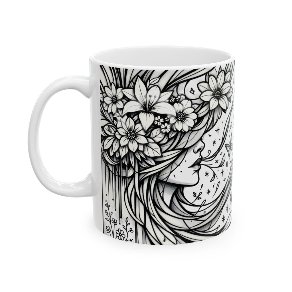 White mug with black floral and face design on a white background