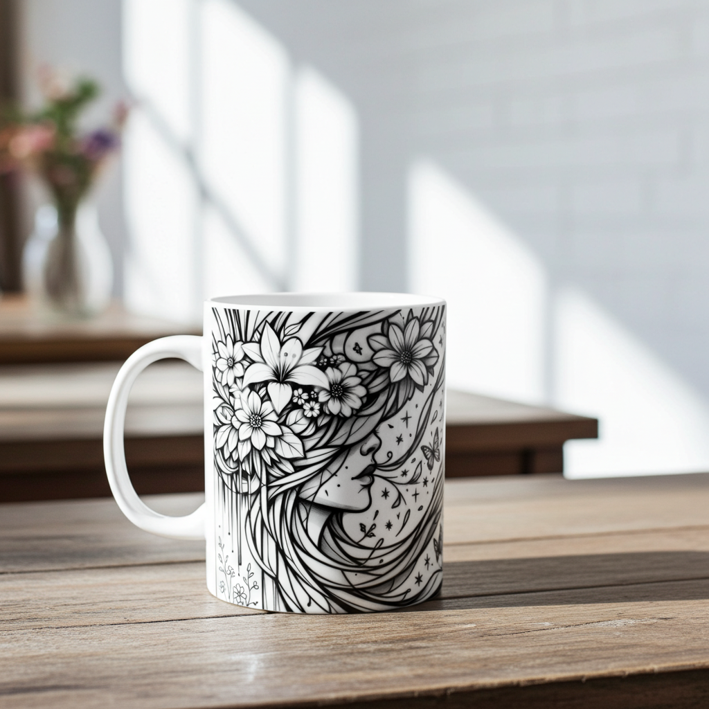White mug with black floral design on a wooden table