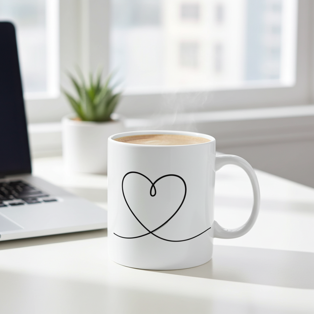 White mug with a heart design on a desk next to a laptop