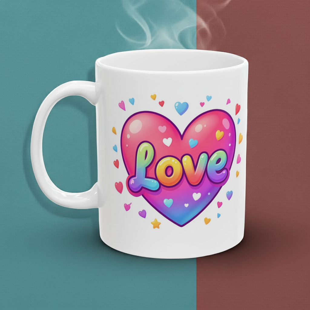 White mug with a colorful heart design and 'LOVE' text on a two-tone background