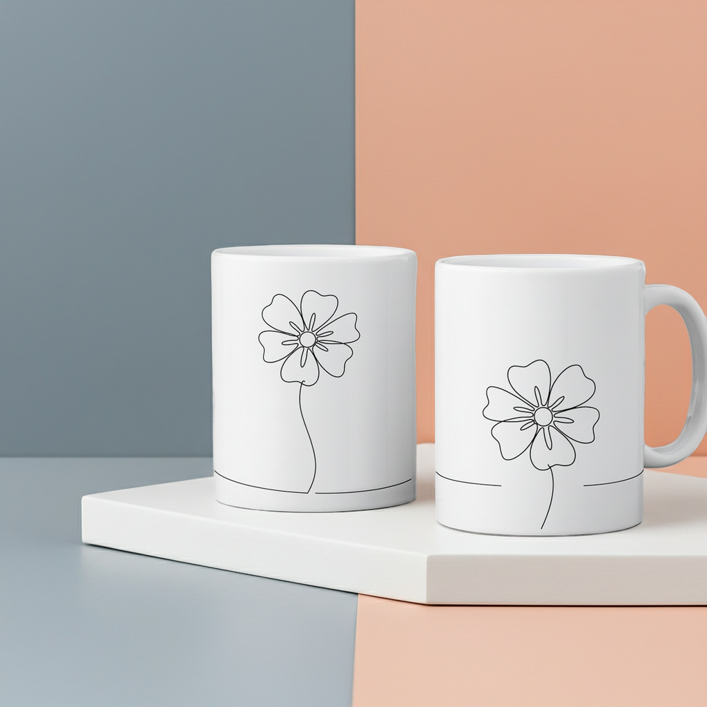 Two white mugs with floral designs on a two-tone background