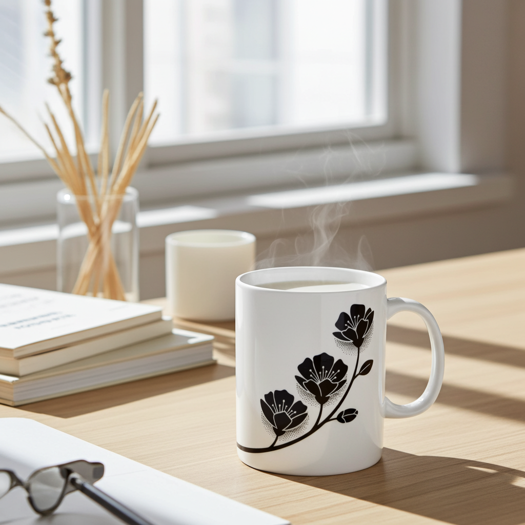 White mug with black floral design on a wooden table with books and glasses.
