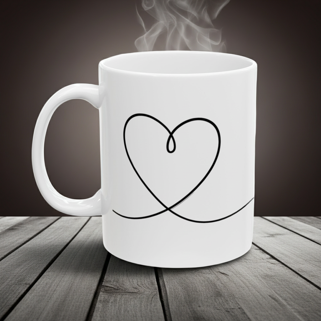 White mug with a heart design on a wooden surface with steam rising from it.