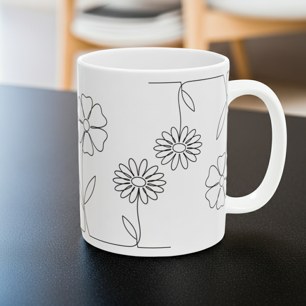White mug with black floral designs on a dark surface