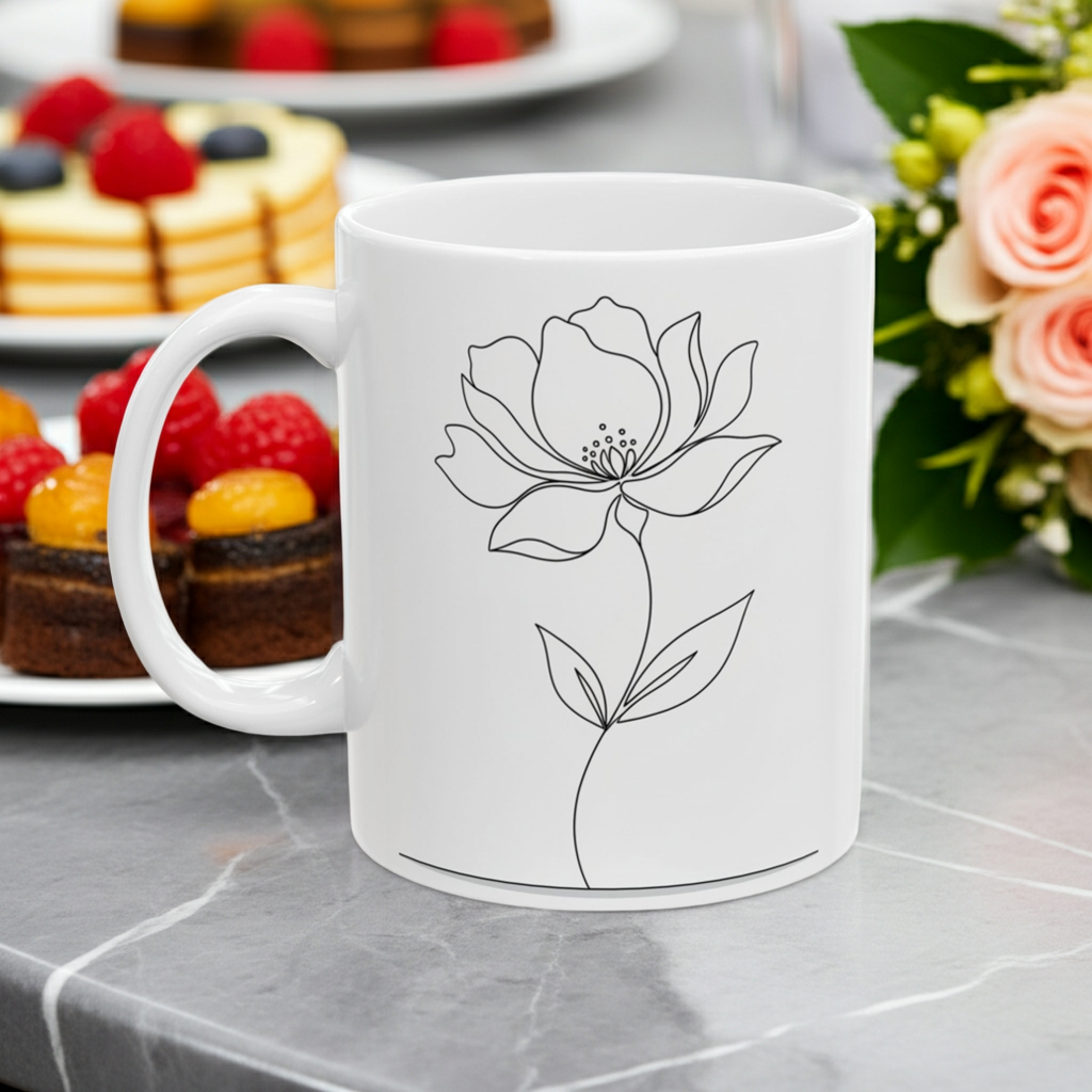 White mug with black floral design on a table with desserts and flowers in the background