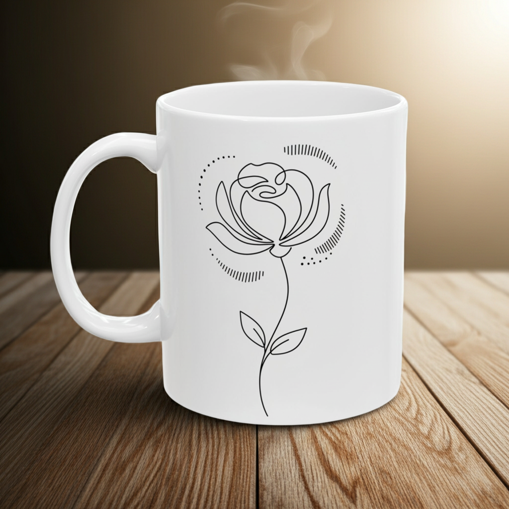 White mug with a black rose design on a wooden surface