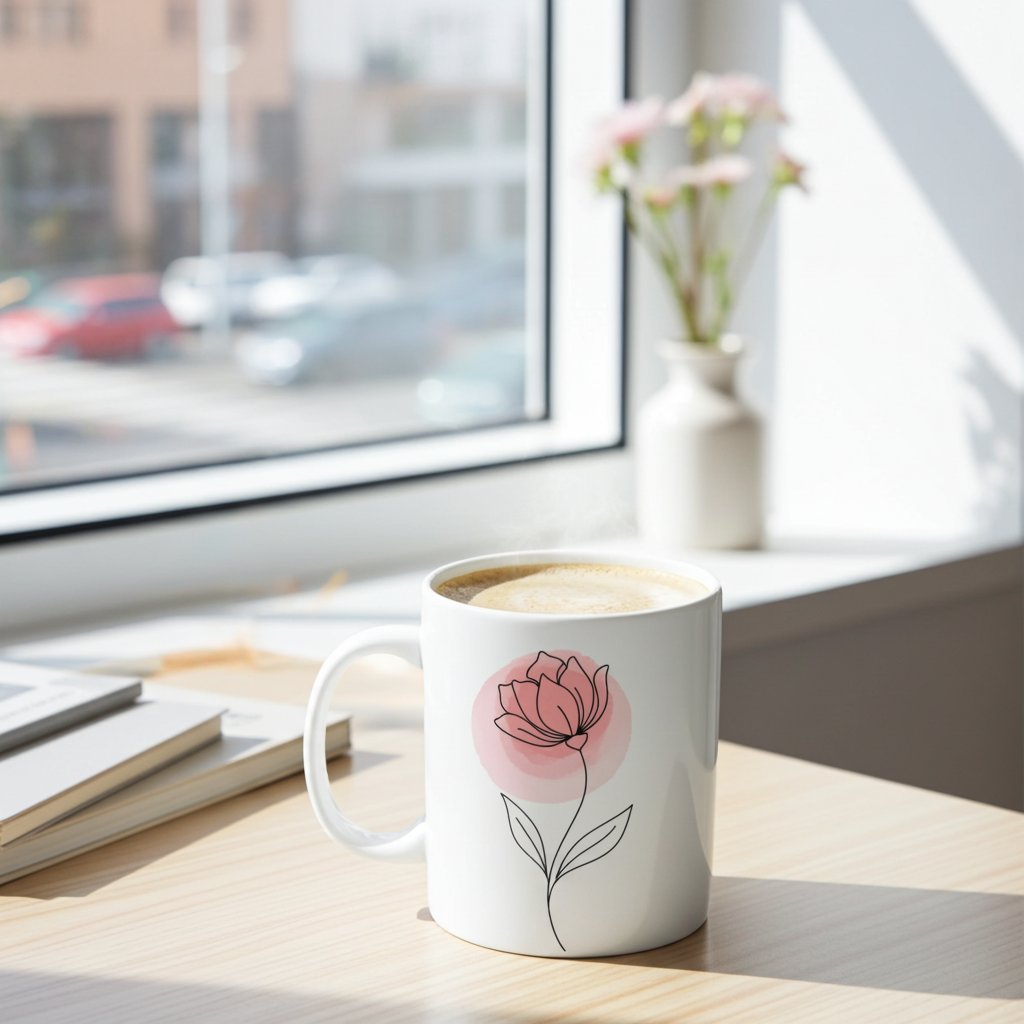 White mug with a pink flower design on a desk by a window