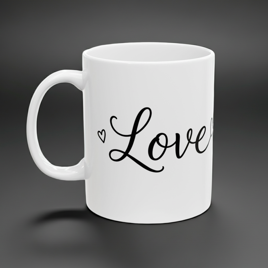 White mug with 'Love' text on a dark gray background