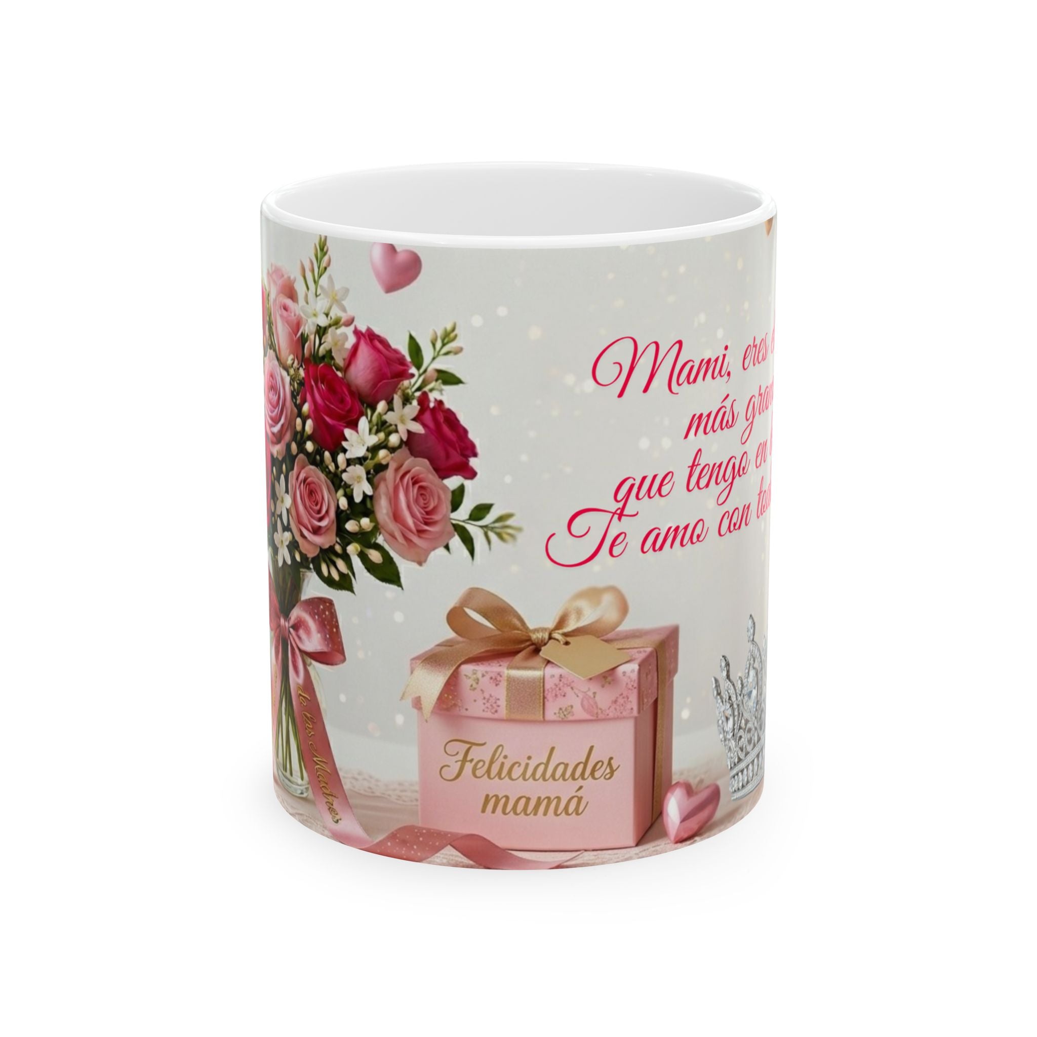 Mug with floral design, gift box, and text on a white background