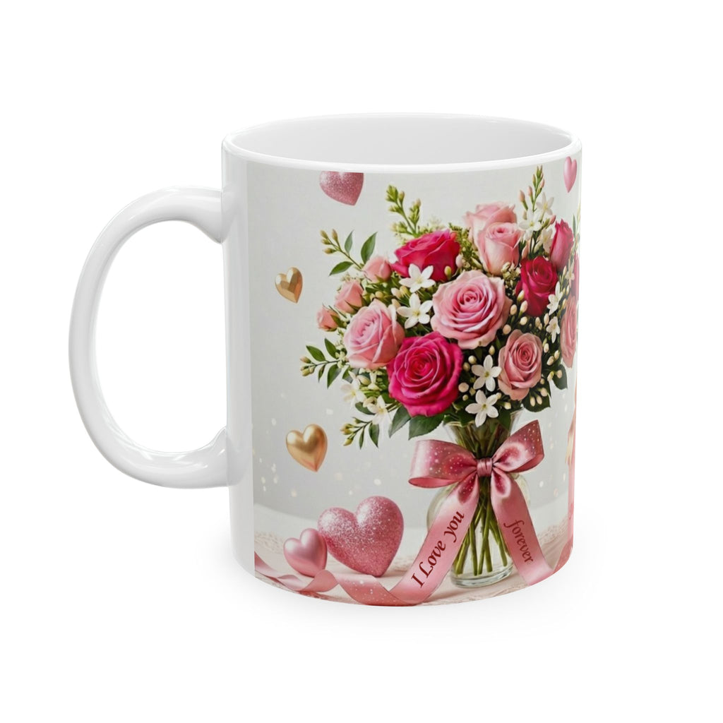 White mug with floral design and 'I Love You' text on a white background