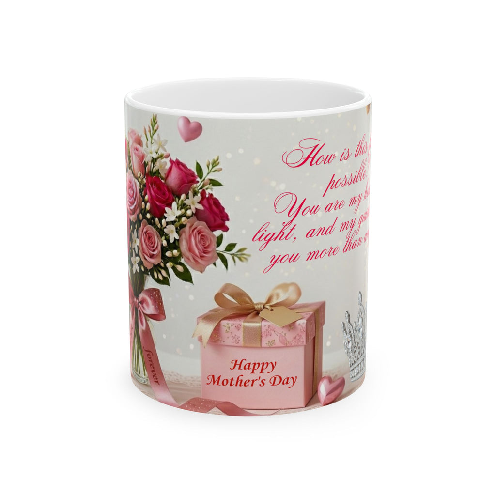 Mug with floral design, gift box, and text on a white background