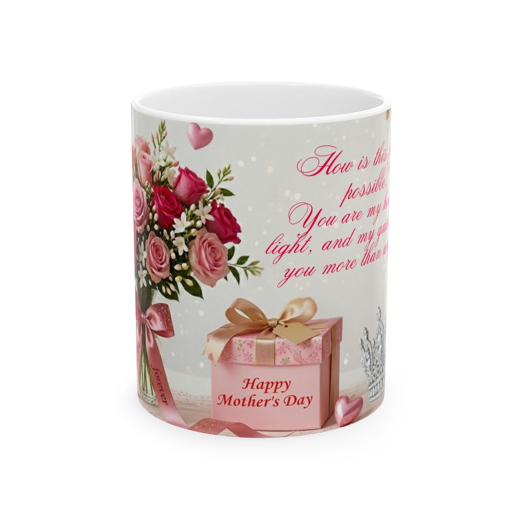 Mug with floral design, gift box, and text on a white background