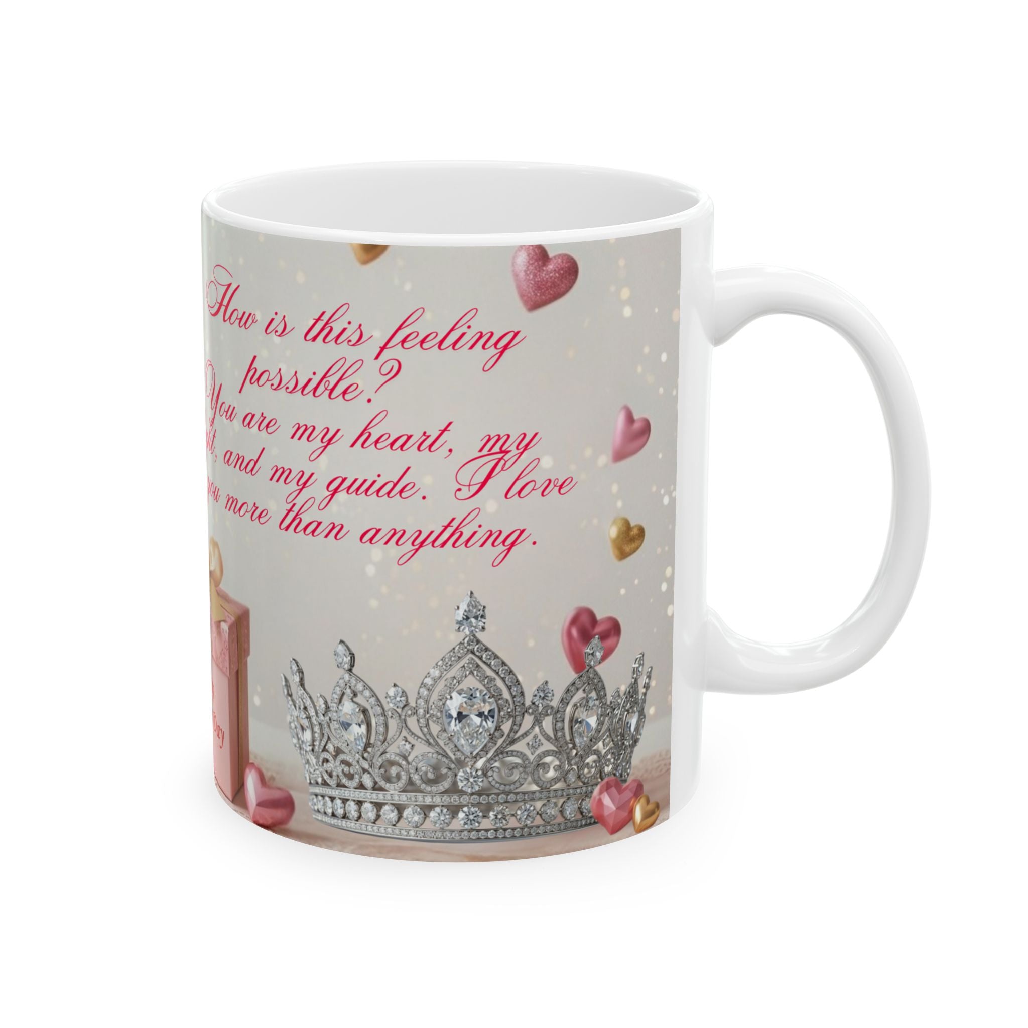 White mug with decorative design, hearts, and a tiara on a white background