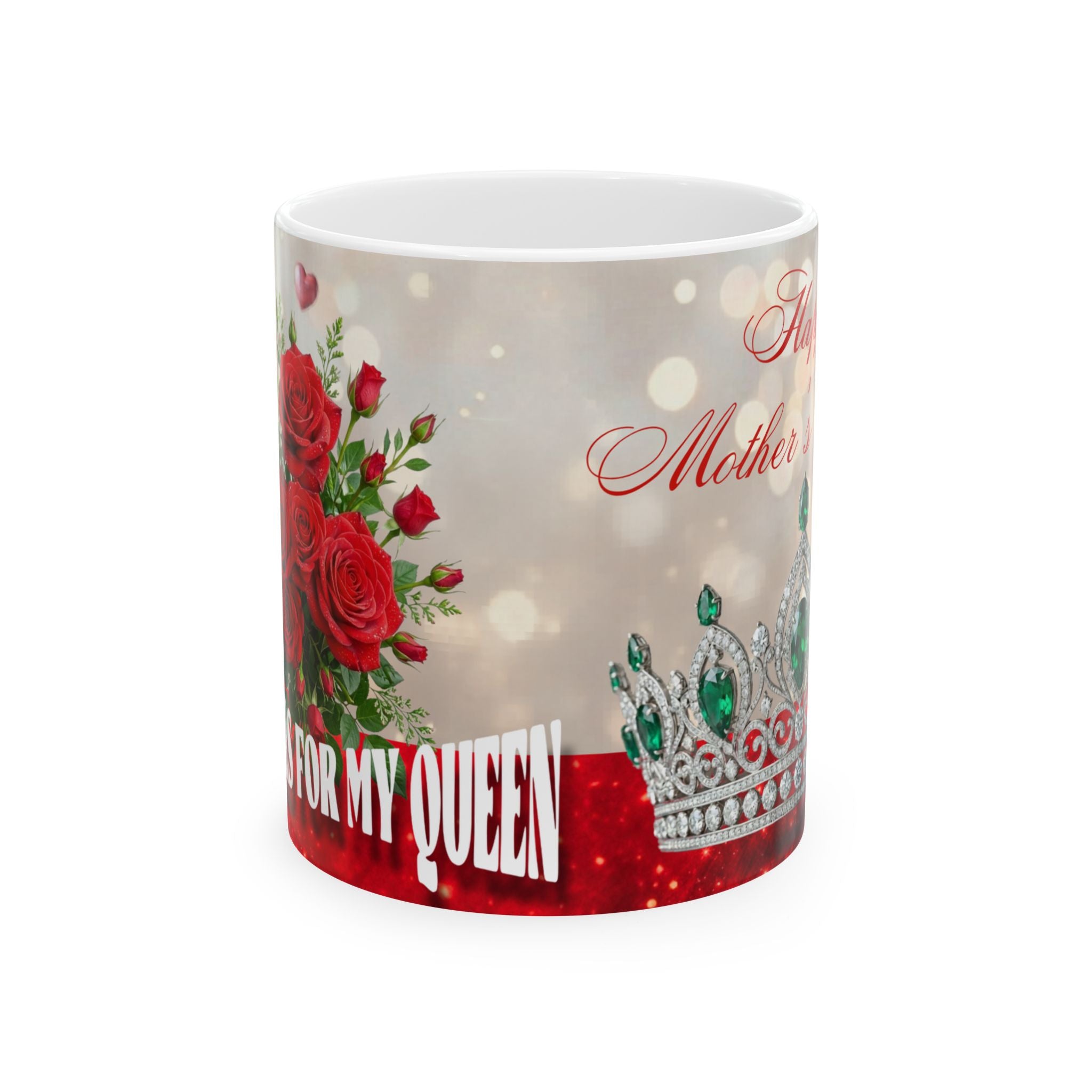 Mug with floral design, text, and tiara on a white background