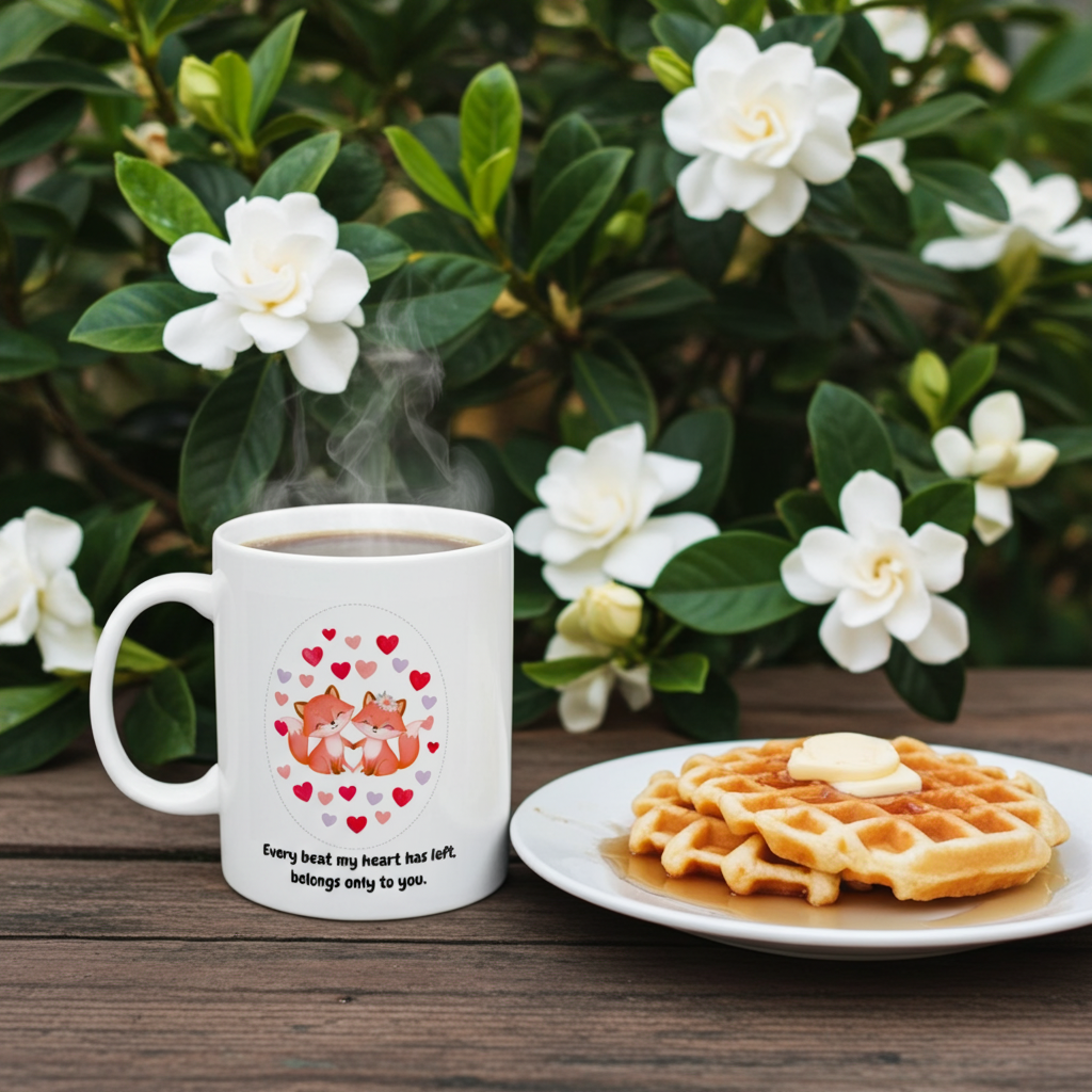 White mug with a heart design and waffles on a plate in front of white flowers
