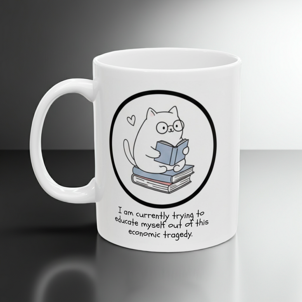 White mug with a cat reading a book graphic and text on a dark surface