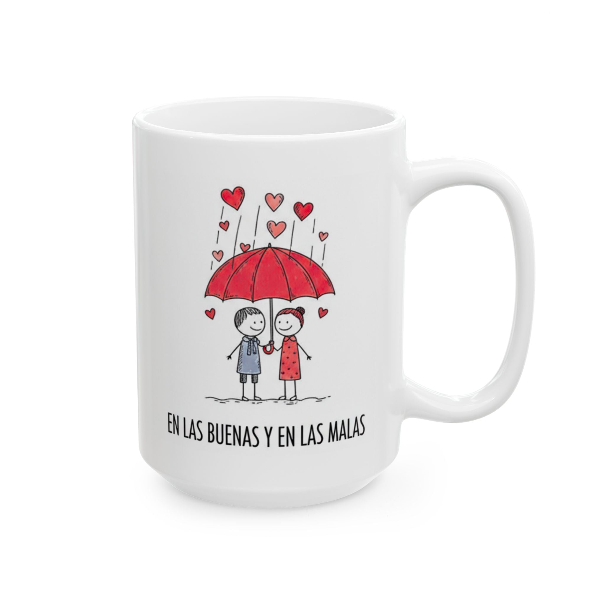 White mug with a design of two people under a red umbrella and hearts, on a white background.