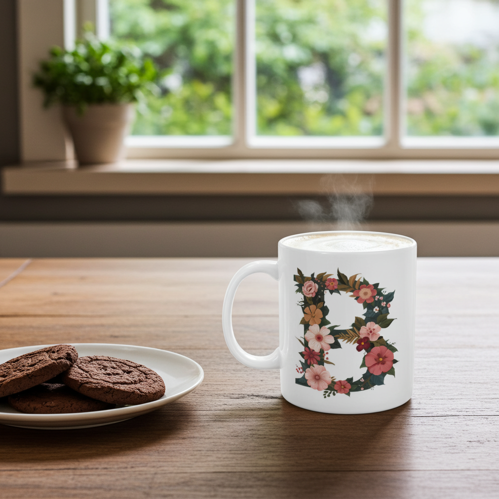 White mug with floral B design on a wooden table with cookies and a plant in the background