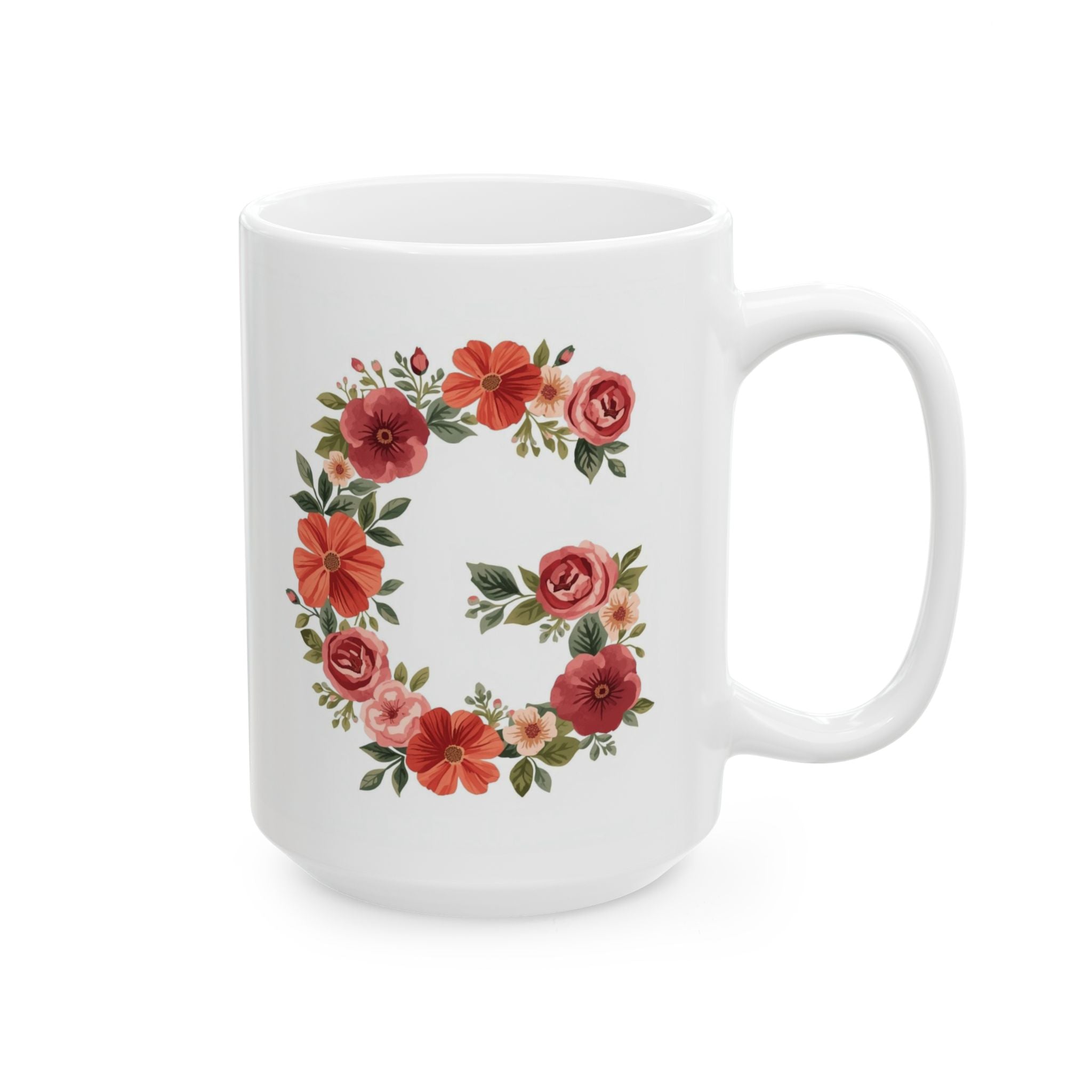 White mug with a floral wreath design on a white background