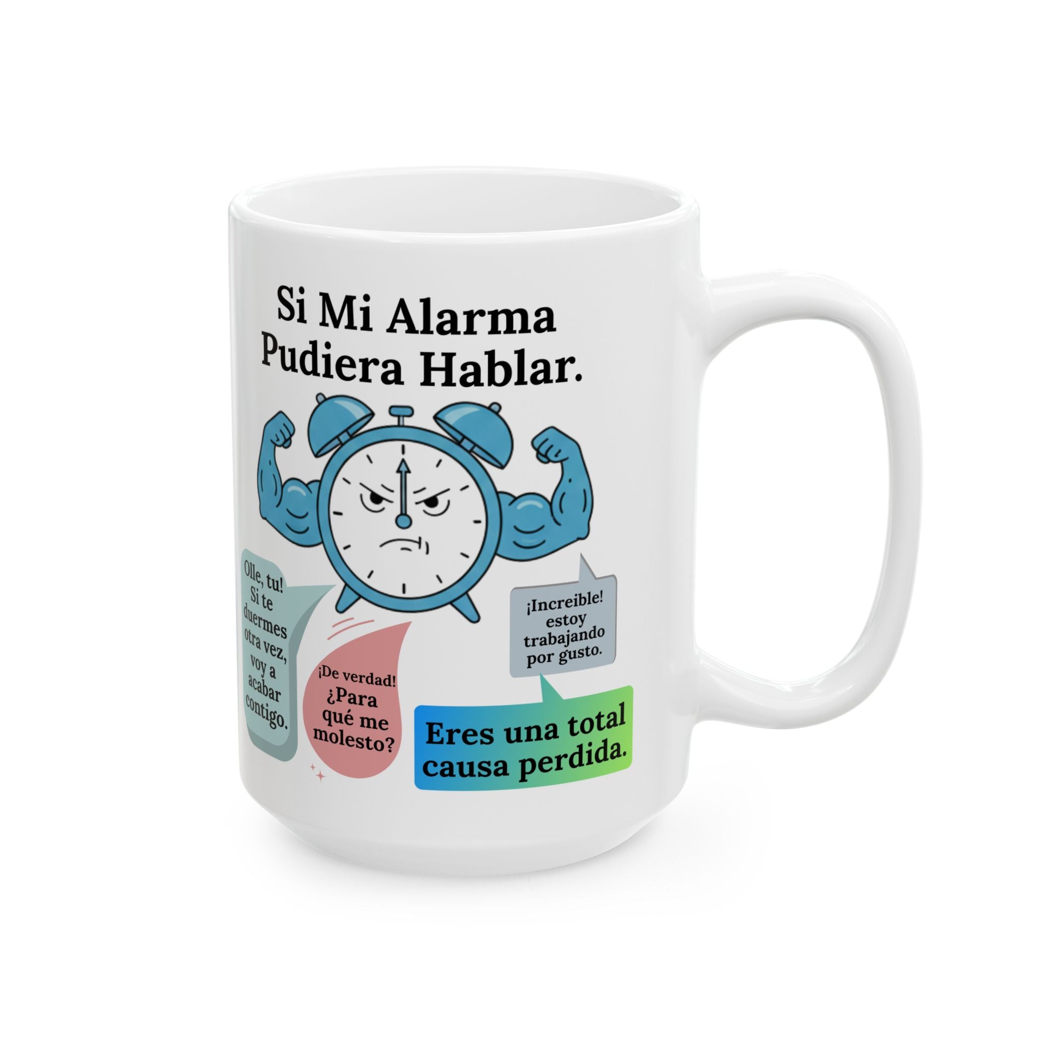 Mug with a cartoon clock and text on a white background