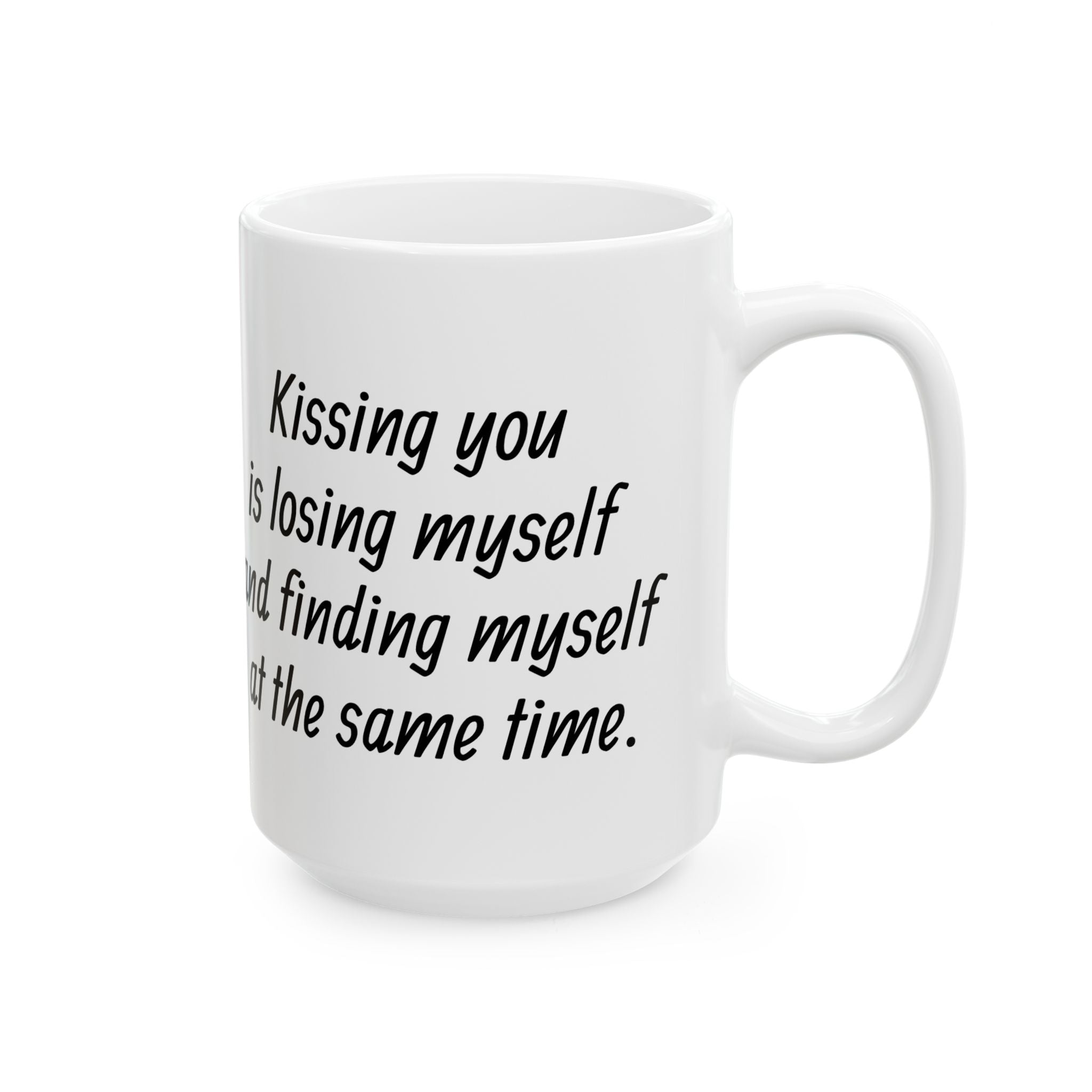 White mug with black text on a white background
